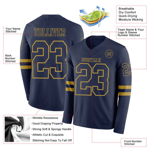 Custom Navy Old Gold Long Sleeve Authentic Football Jersey