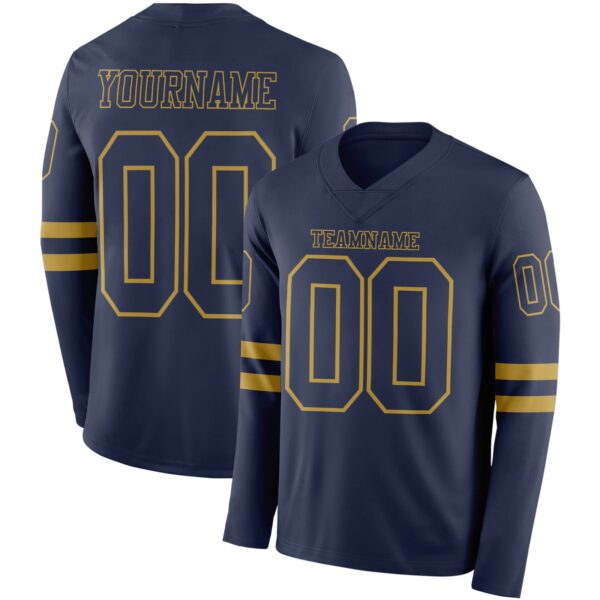 Custom Navy Old Gold Long Sleeve Authentic Football Jersey