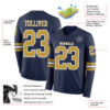Custom Navy Old Gold-White Long Sleeve Authentic Football Jersey