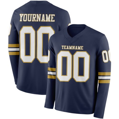 LongSleeve0560 Custom Navy White-Old Gold Long Sleeve Authentic Football Jersey