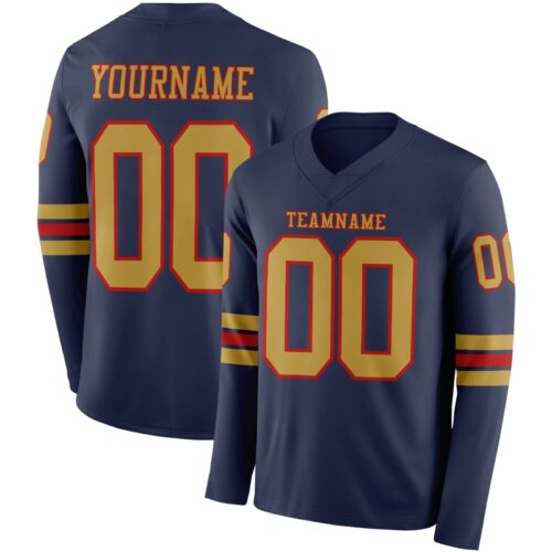 LongSleeve0561 Custom Navy Old Gold-Red Long Sleeve Authentic Football Jersey