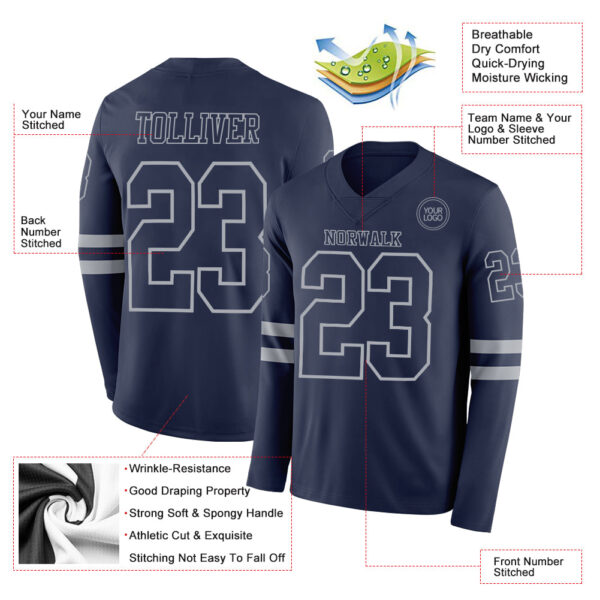 Custom Navy Gray Long Sleeve Authentic Football Jersey