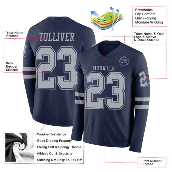 Custom Navy Gray Long Sleeve Authentic Football Jersey