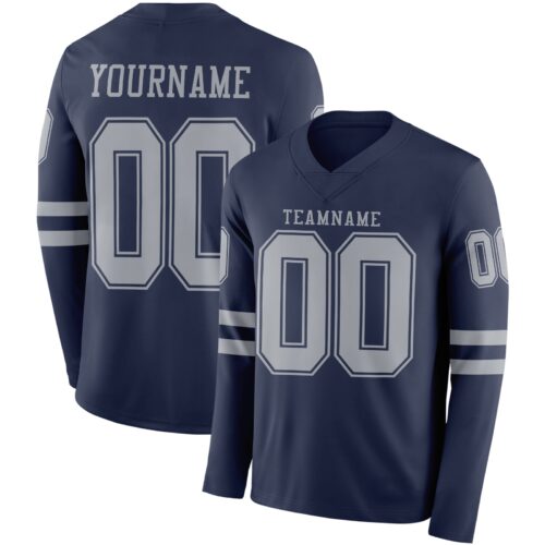 LongSleeve0563 Custom Navy Gray Long Sleeve Authentic Football Jersey