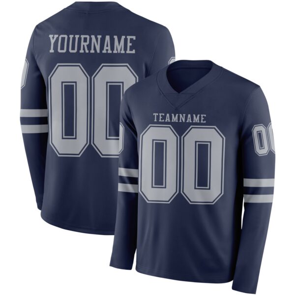 Custom Navy Gray Long Sleeve Authentic Football Jersey
