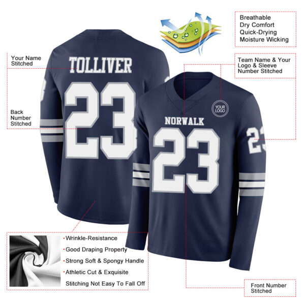 Custom Navy White-Gray Long Sleeve Authentic Football Jersey