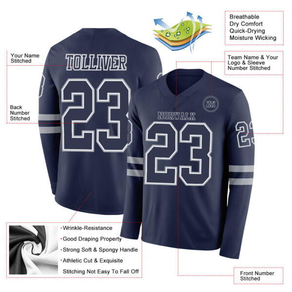 Custom Navy White-Gray Long Sleeve Authentic Football Jersey