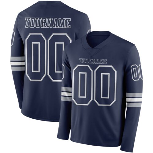 LongSleeve0566 Custom Navy White-Gray Long Sleeve Authentic Football Jersey