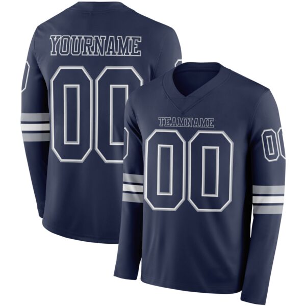Custom Navy White-Gray Long Sleeve Authentic Football Jersey