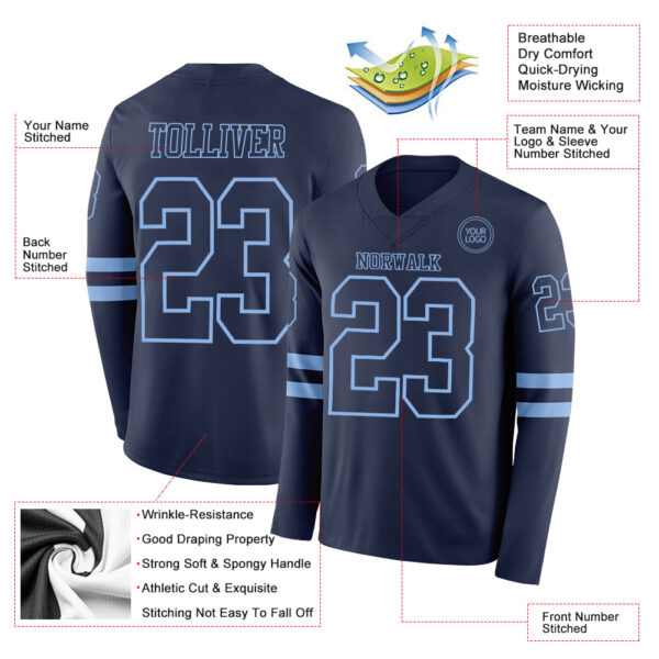 Custom Navy Light Blue Long Sleeve Authentic Football Jersey