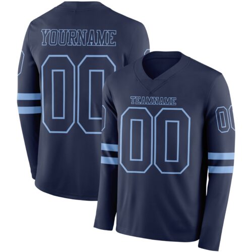 LongSleeve0567 Custom Navy Light Blue Long Sleeve Authentic Football Jersey