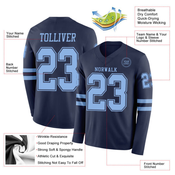 Custom Navy Light Blue Long Sleeve Authentic Football Jersey