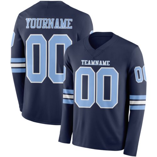 Custom Navy Light Blue-White Long Sleeve Authentic Football Jersey