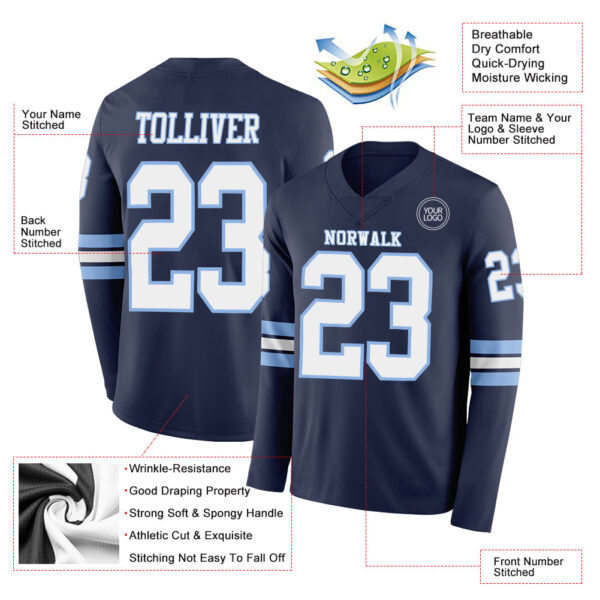 Custom Navy White-Light Blue Long Sleeve Authentic Football Jersey