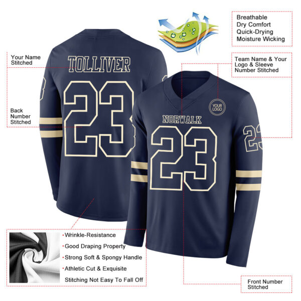 Custom Navy Cream Long Sleeve Authentic Football Jersey