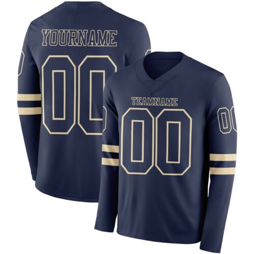 Custom Navy Cream Long Sleeve Authentic Football Jersey