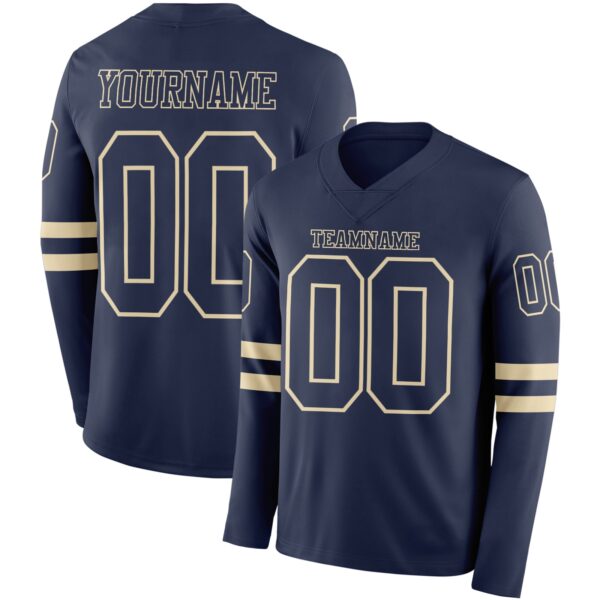 Custom Navy Cream Long Sleeve Authentic Football Jersey