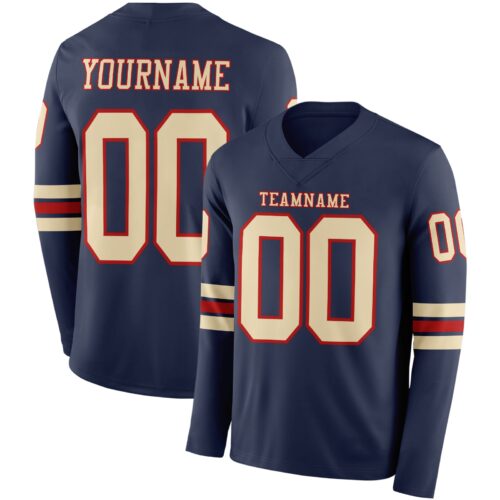 Custom Navy Cream-Red Long Sleeve Authentic Football Jersey