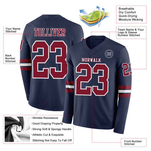 Custom Navy Crimson-White Long Sleeve Authentic Football Jersey