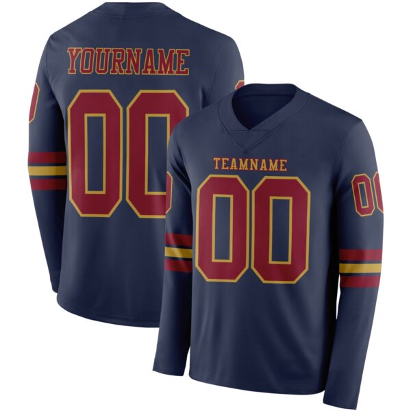 Custom Navy Crimson-Old Gold Long Sleeve Authentic Football Jersey