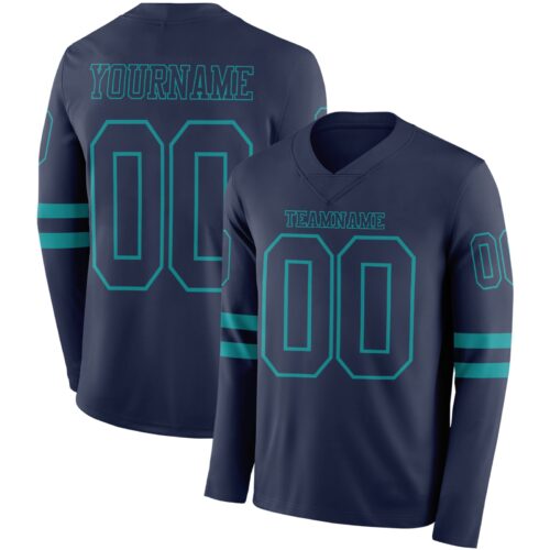 Custom Navy Teal Long Sleeve Authentic Football Jersey