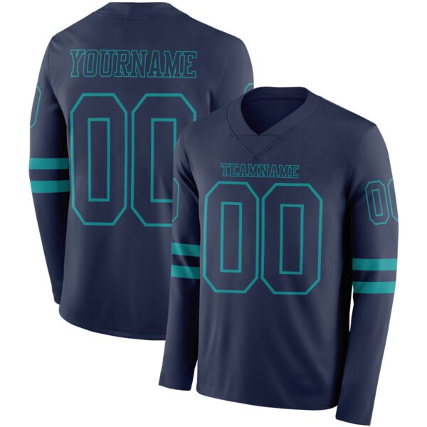 Custom Navy Teal Long Sleeve Authentic Football Jersey