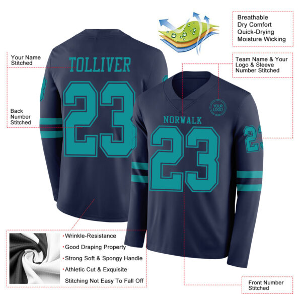 Custom Navy Teal Long Sleeve Authentic Football Jersey