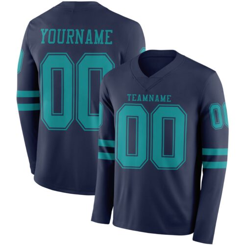 Custom Navy Teal Long Sleeve Authentic Football Jersey