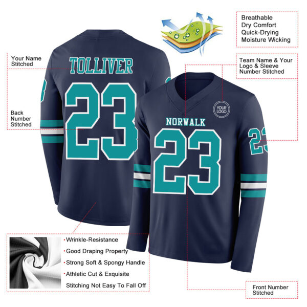 Custom Navy Teal-White Long Sleeve Authentic Football Jersey