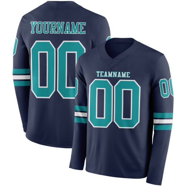 Custom Navy Teal-White Long Sleeve Authentic Football Jersey