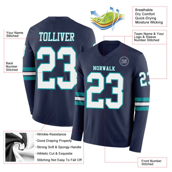 Custom Navy White-Teal Long Sleeve Authentic Football Jersey