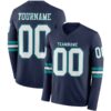 Custom Navy White-Teal Long Sleeve Authentic Football Jersey