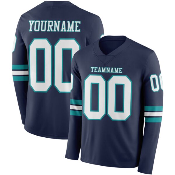 Custom Navy White-Teal Long Sleeve Authentic Football Jersey