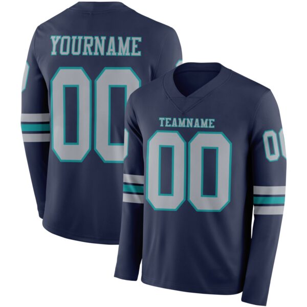 Custom Navy Gray-Teal Long Sleeve Authentic Football Jersey