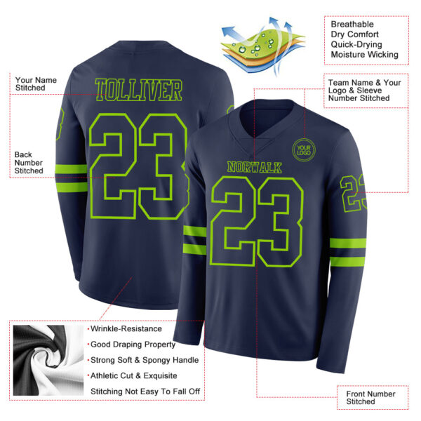 Custom Navy Neon Green Long Sleeve Authentic Football Jersey
