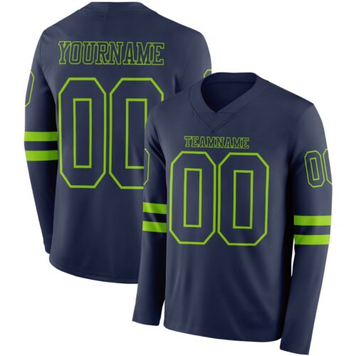 LongSleeve0585 Custom Navy Neon Green Long Sleeve Authentic Football Jersey