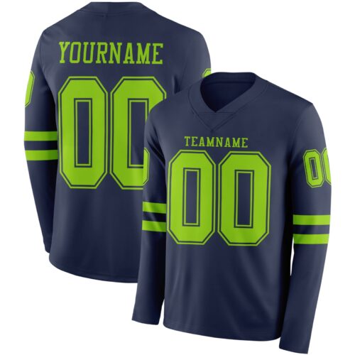LongSleeve0586 Custom Navy Neon Green Long Sleeve Authentic Football Jersey