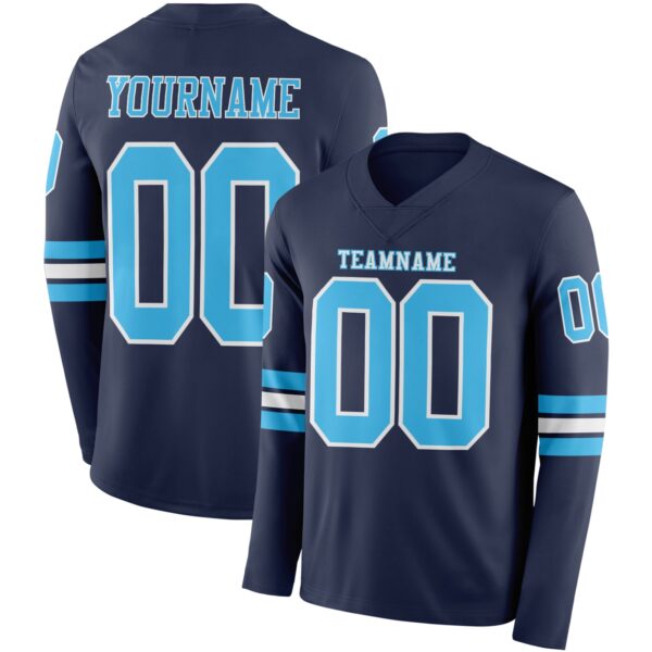 Custom Navy Sky Blue-White Long Sleeve Authentic Football Jersey
