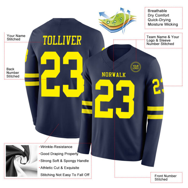 Custom Navy Light Yellow Long Sleeve Authentic Football Jersey