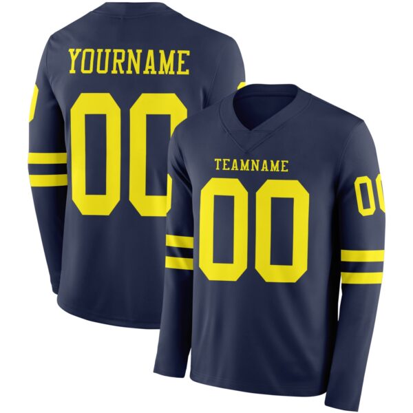 Custom Navy Light Yellow Long Sleeve Authentic Football Jersey