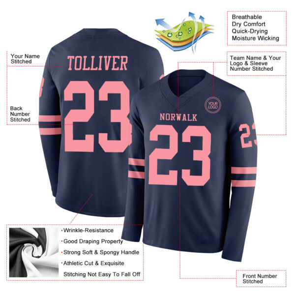 Custom Navy Medium Pink Long Sleeve Authentic Football Jersey