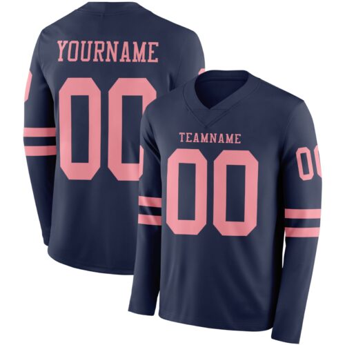 Custom Navy Medium Pink Long Sleeve Authentic Football Jersey