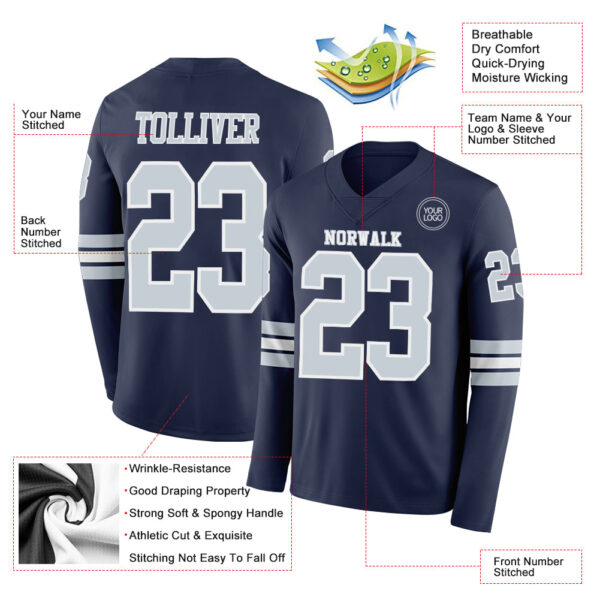 Custom Navy Silver-White Long Sleeve Authentic Football Jersey
