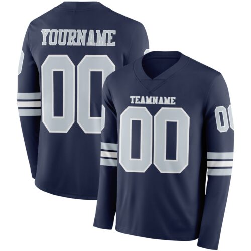 LongSleeve0591 Custom Navy Silver-White Long Sleeve Authentic Football Jersey