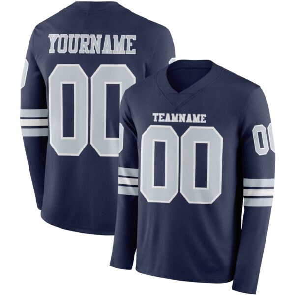 Custom Navy Silver-White Long Sleeve Authentic Football Jersey