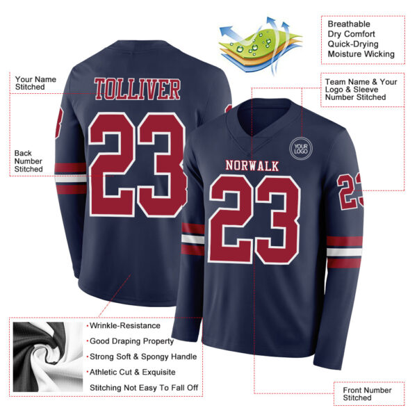 Custom Navy Cardinal-White Long Sleeve Authentic Football Jersey