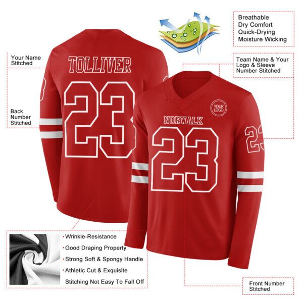 Custom Red White Long Sleeve Authentic Football Jersey