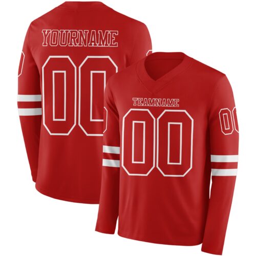 LongSleeve0593 Custom Red White Long Sleeve Authentic Football Jersey