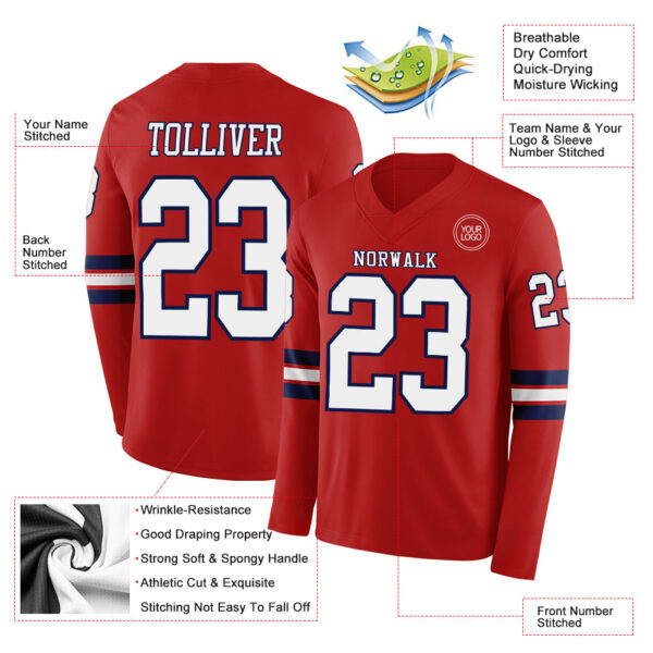Custom Red White-Navy Long Sleeve Authentic Football Jersey