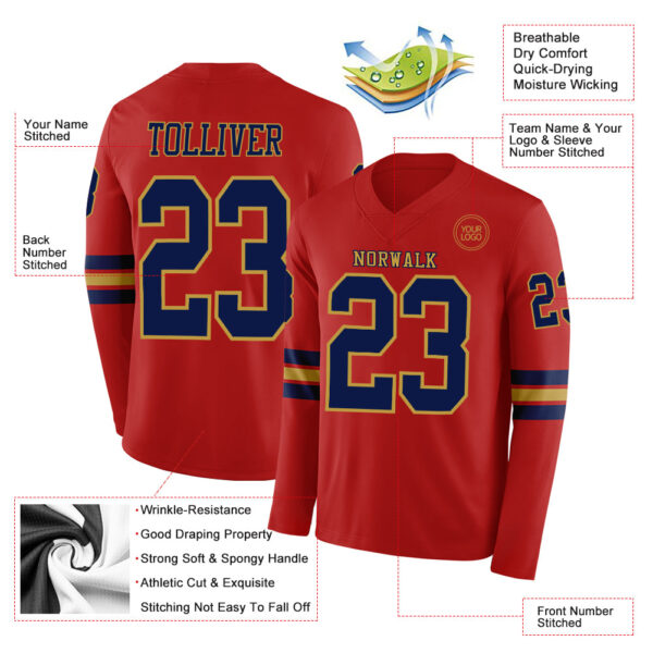 Custom Red Navy-Old Gold Long Sleeve Authentic Football Jersey